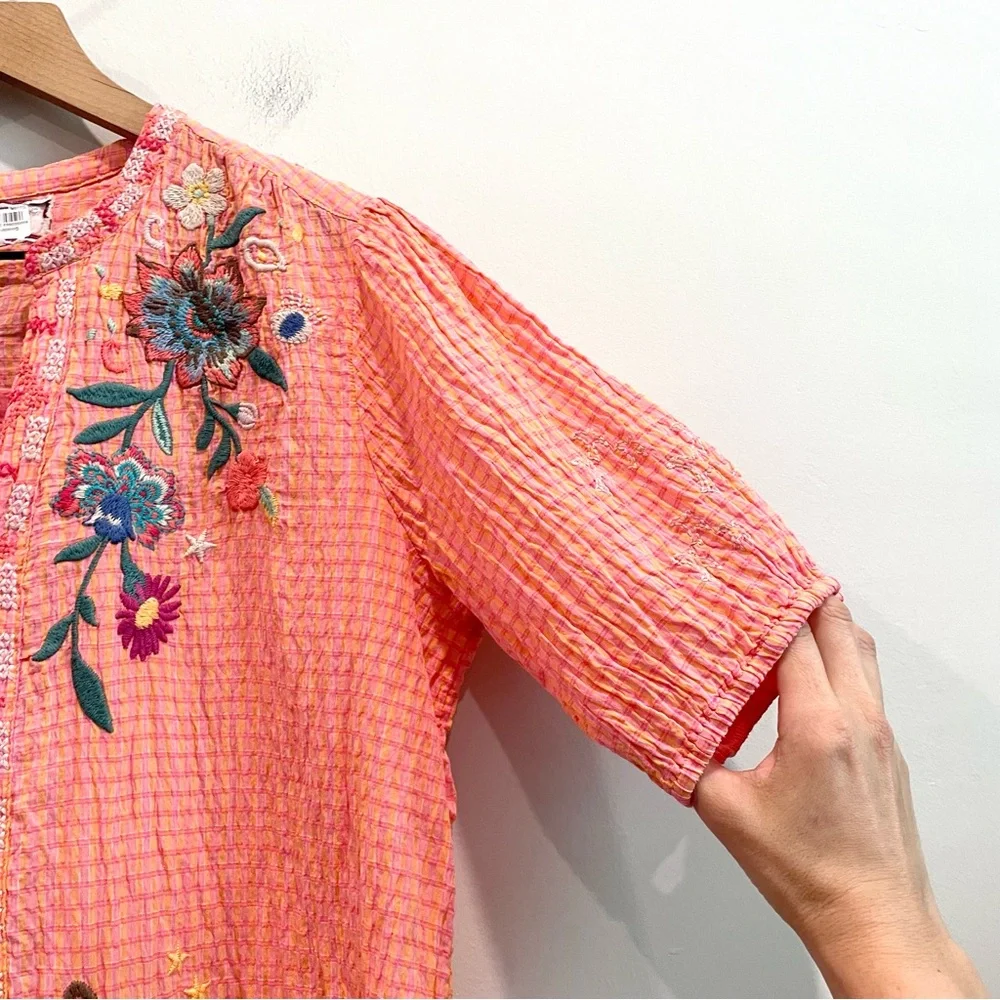 Johnny Was Olinda Embroidered Puff Sleeve Textured Blouse